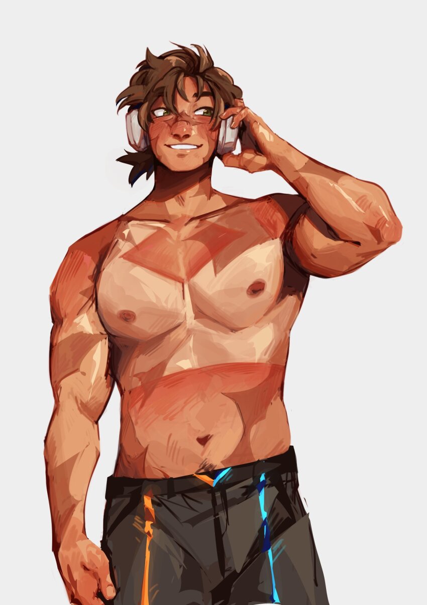 1boy, bara, black_shorts, brown_hair, commentary, cowboy_shot, english_commentary, goodtimeswithscar