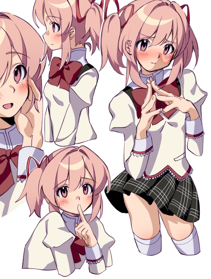 1girl, black_skirt, blush, bow, bowtie, breasts, finger_to_mouth, hair_ribbon