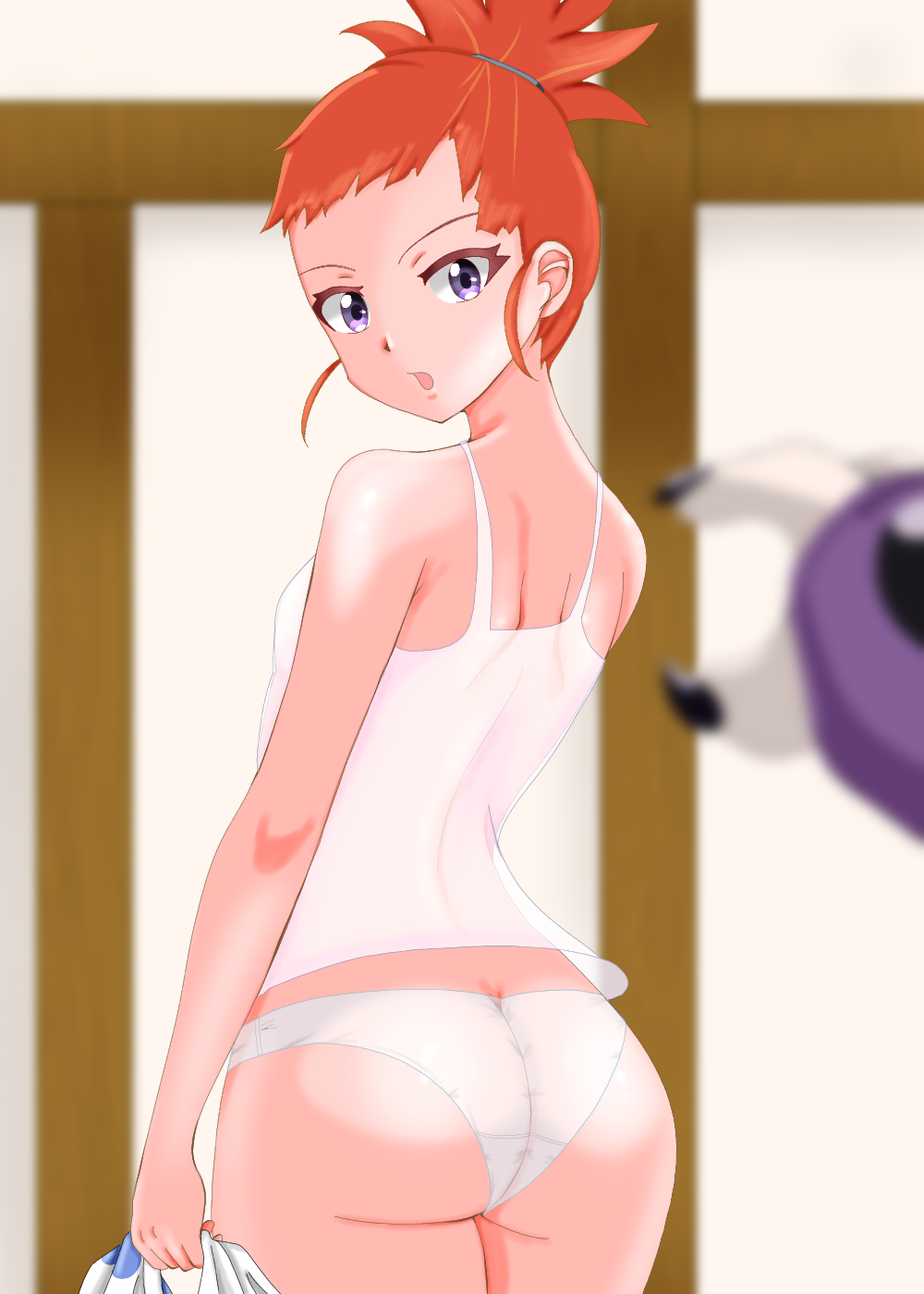 1girl, ass, blush, breasts, camisole, claws, digimon, digimon_(creature), digimon_tamers, from_behind, highres, holding, loli, looking_at_viewer, looking_back, makino_ruki, masalu_kai, open_mouth, orange_hair, panties, ponytail, purple_eyes, renamon, short_hair, small_breasts, underwear, white_camisole, white_panties, yin_yang