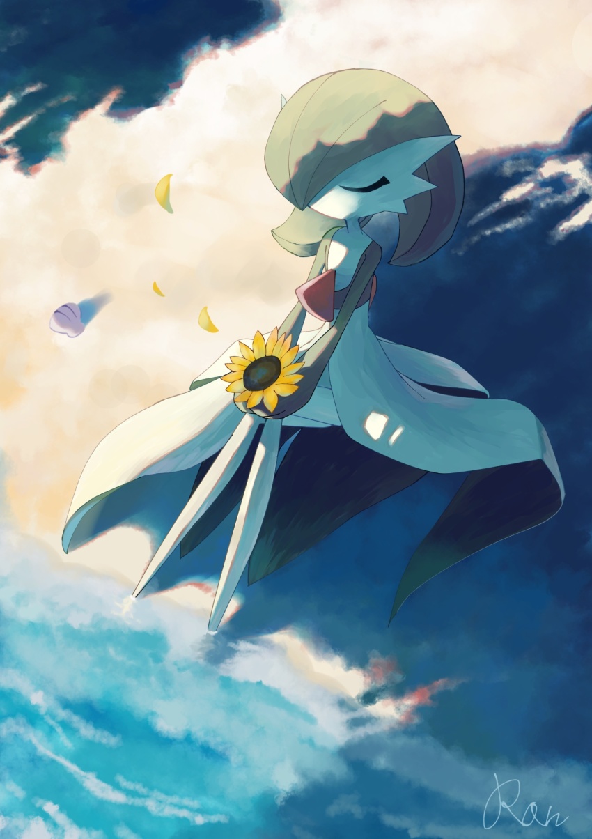 bob_cut, closed_eyes, colored_skin, dress, falling_petals, flower, gardevoir, gen_3_pokemon