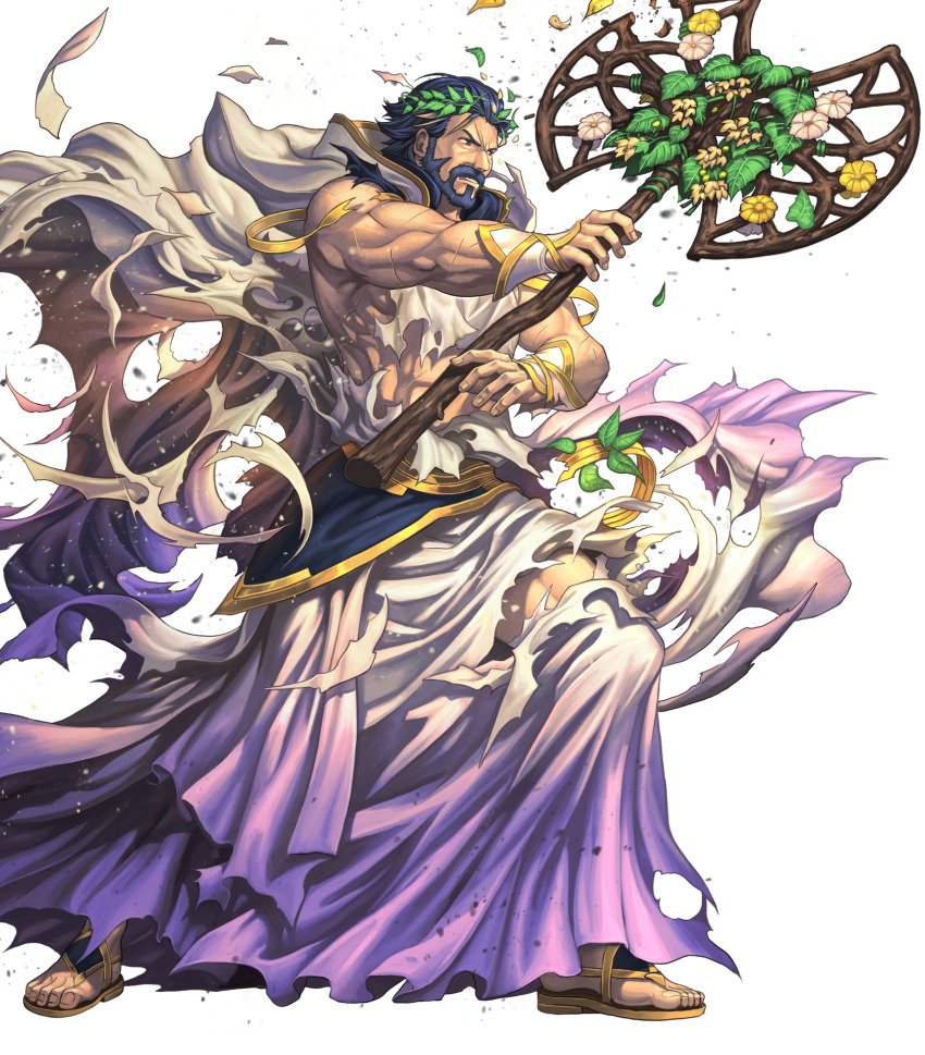 1boy, axe, beard, blue_hair, broken, broken_weapon, cape, facial_hair