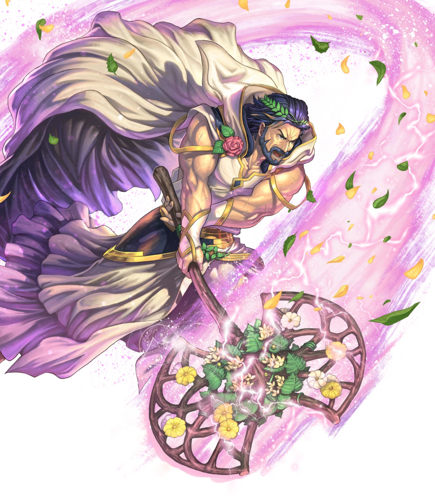 1boy, axe, beard, blue_hair, cape, facial_hair, fighting_stance, fire_emblem