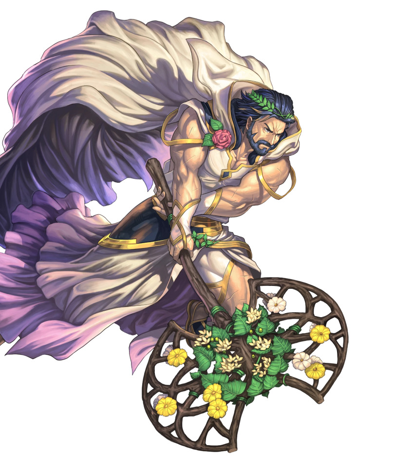 1boy, axe, beard, blue_hair, cape, facial_hair, fighting_stance, fire_emblem, fire_emblem_heroes, flower, full_beard, full_body, gustav_(fire_emblem), gustav_(valentine)_(fire_emblem), highres, holding, holding_axe, holding_weapon, izuka_daisuke, laurel_crown, male_focus, mature_male, multiple_scars, muscular, muscular_male, nintendo, non-web_source, official_art, sandals, scar, scar_on_arm, scar_on_face, transparent_background, tunic, weapon, white_cape, white_tunic
