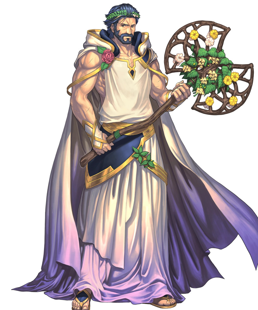 1boy, axe, beard, blue_hair, cape, facial_hair, fire_emblem, fire_emblem_heroes