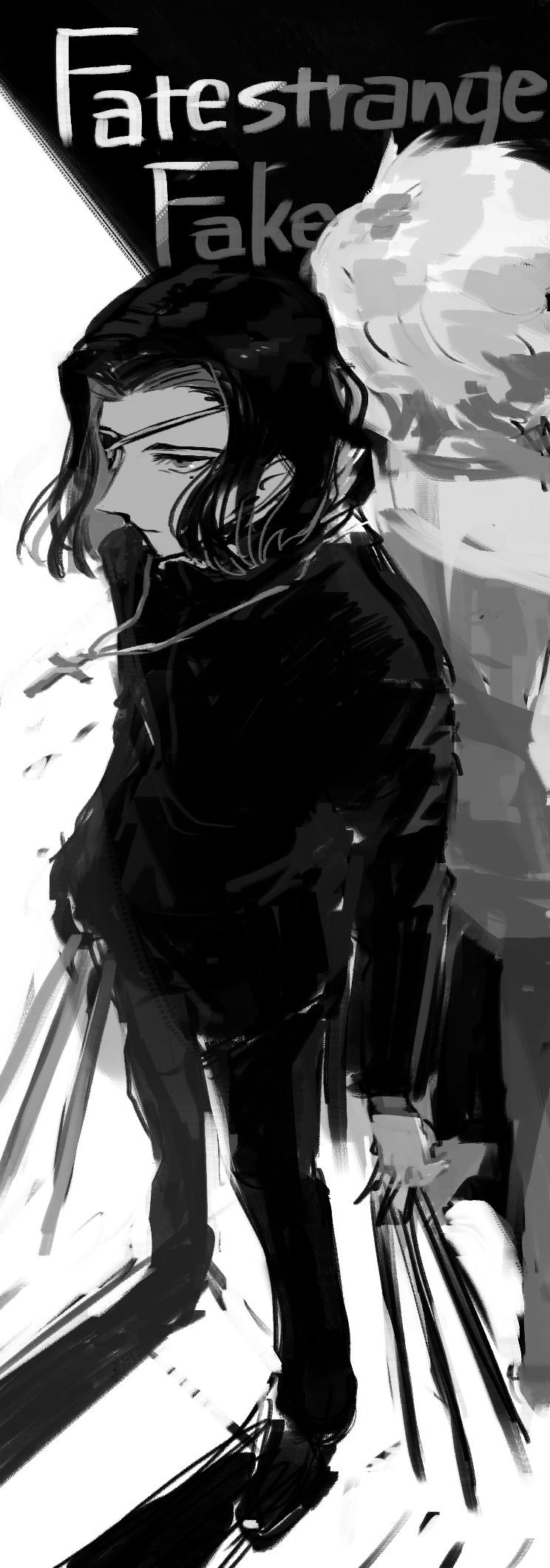 2boys, back-to-back, black_hair, black_keys_(type-moon), cross, cross_necklace, eda_genomu, english_text