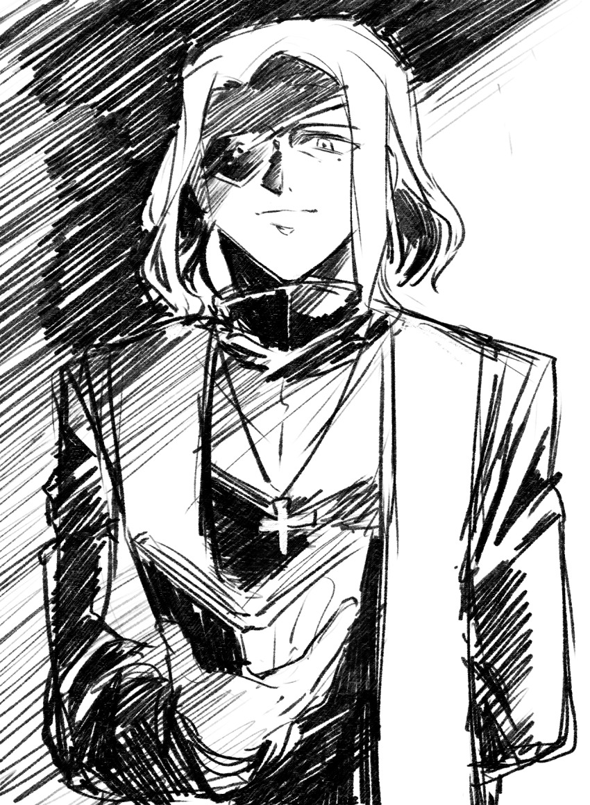 1boy, bible_(object), black_hair, book, cross, cross_necklace, eda_genomu, eyepatch