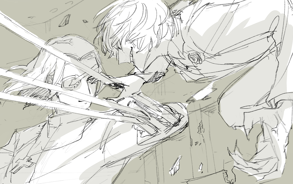 2boys, black_hair, black_keys_(type-moon), cross, cross_necklace, eda_genomu, eyepatch, fate/strange_fake, fate_(series), fighting, hansa_cervantes, jester_karture, jewelry, multiple_boys, necklace, priest, tagme, type-moon, vampire