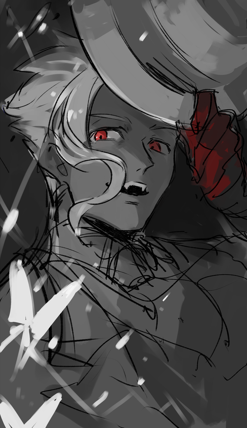 1boy, blood, dark_skin, eda_genomu, fangs, fate/strange_fake, fate_(series), fedora