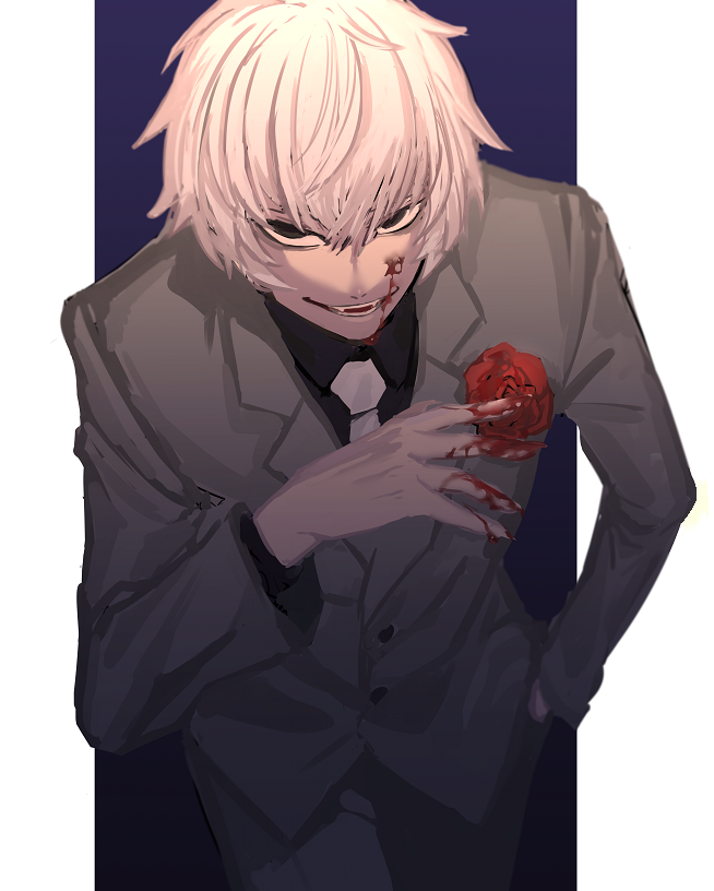 1boy, blood, boutonniere, eda_genomu, fate/strange_fake, fate_(series), flower, formal_clothes