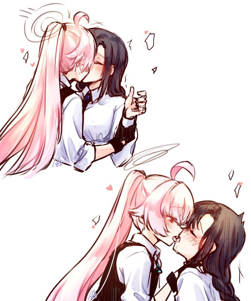 2girls, ahoge, black_gloves, black_hair, blue_archive, blue_necktie, blush, bulletproof_vest, collared_shirt, female_sensei_(blue_archive), french_kiss, gloves, grabbing_another's_arm, halo, heart, hoshino_(armed)_(blue_archive), hoshino_(blue_archive), kiss, long_hair, looking_at_another, multiple_girls, multiple_views, necktie, pink_hair, ponytail, rarasa, sensei_(blue_archive), shirt, simple_background, tongue, tongue_out, white_background, white_shirt, yuri