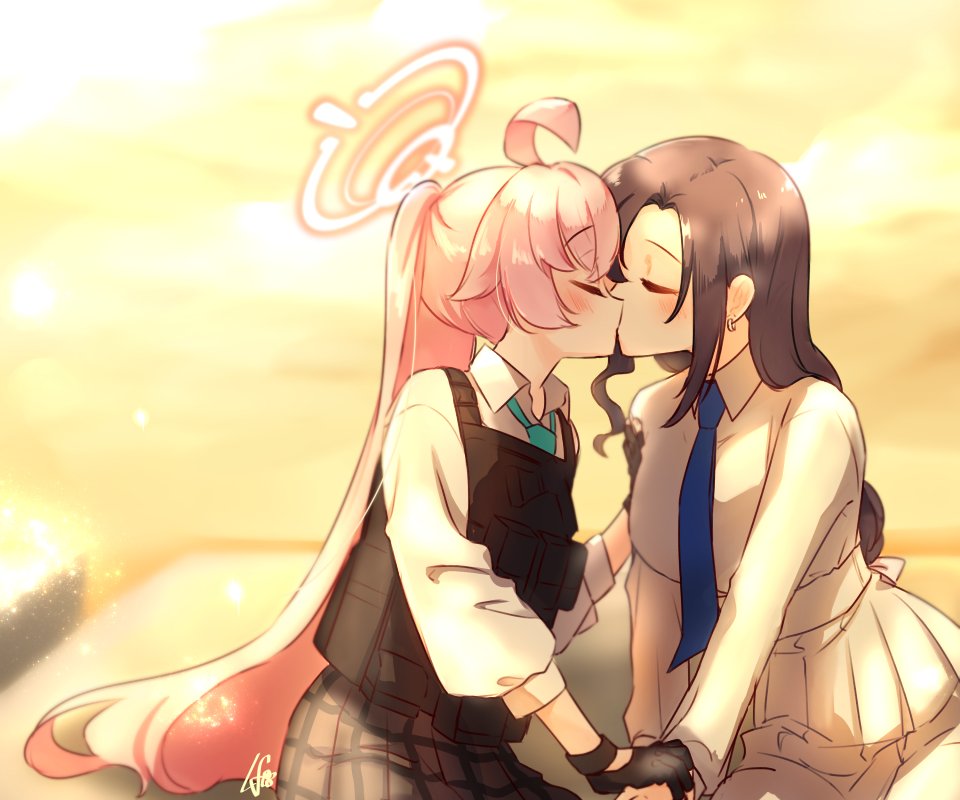 2girls, ahoge, black_gloves, black_hair, black_skirt, blue_archive, blue_necktie, blurry