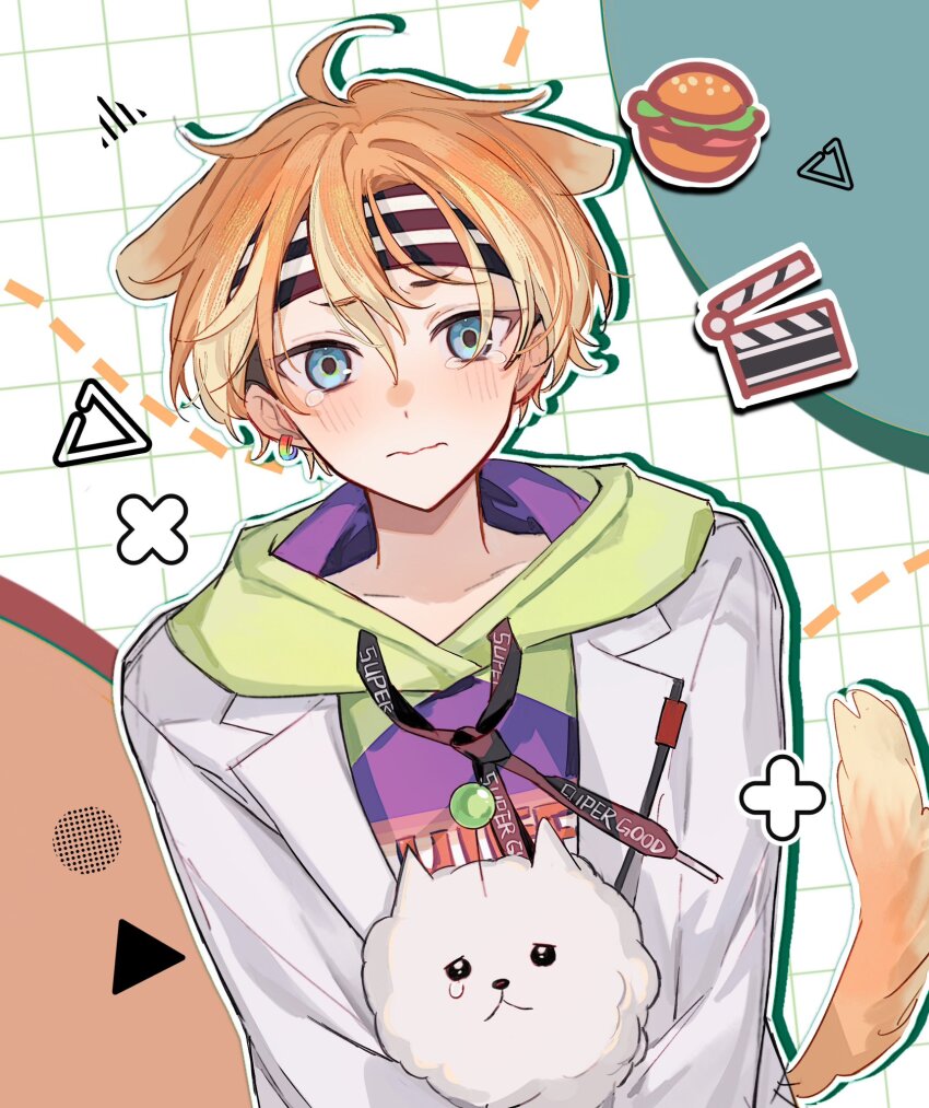 18trip, 1boy, ahoge, animal_ears, blue_eyes, blush, burger, circle