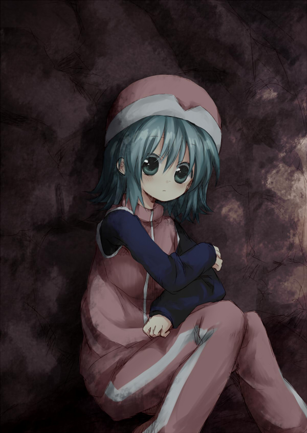 1girl, blue_hair, female_focus, hat, hunter_x_hunter, kurohino, ponzu, shadow, short_hair, sitting, solo