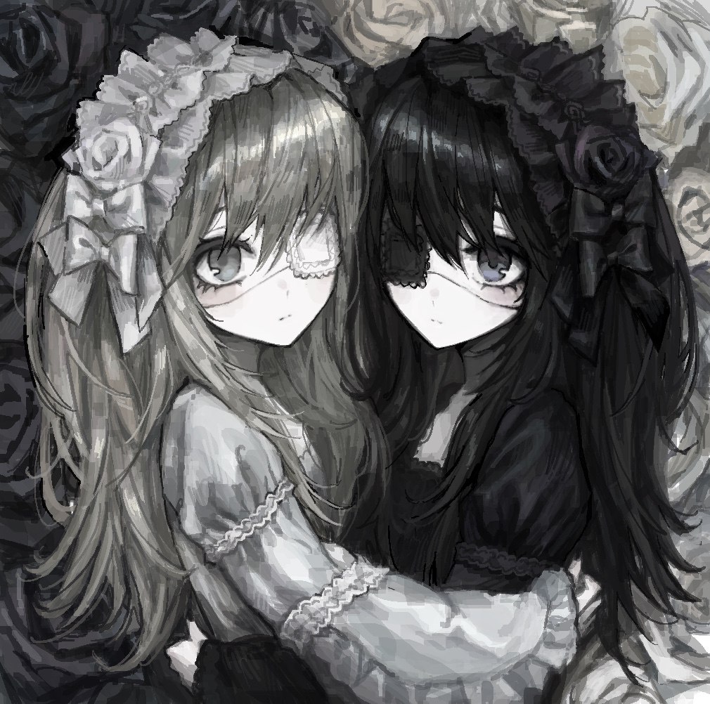 2girls, black_bow, black_dress, black_flower, black_hair, bow, colored_skin, dress, expressionless, eyepatch, floral_background, flower, frilled_dress, frilled_sleeves, frills, gd783hhh, goth_fashion, gothic_lolita, grey_eyes, grey_hair, headband, hug, lolita_fashion, multiple_girls, original, white_bow, white_dress, white_flower, white_skin