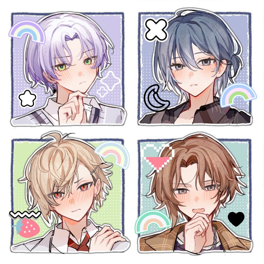 18trip, 4boys, ahoge, asymmetrical_hair, black_shirt, blonde_hair, blush, border