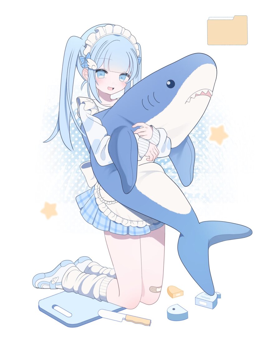 1girl, apron, back_bow, bandaid, bandaid_on_leg, blue_bow, blue_eyes, blue_hair