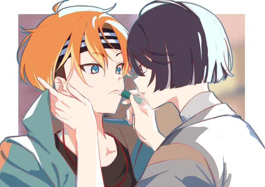 18trip, 2boys, applying_makeup, black_hair, black_headband, black_shirt, blue_eyes, border