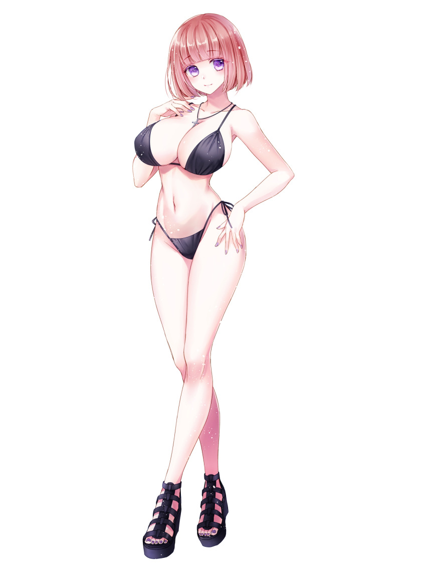 1girl, bikini, black_bikini, black_nails, black_sandals, bob_cut, breasts, brown_hair, chain_paradox, cross, cross_necklace, full_body, hand_on_own_hip, hand_up, highres, himezuki_rika, jewelry, large_breasts, mizuno_umi, navel, necklace, purple_eyes, sandals, side-tie_bikini_bottom, solo, standing, swimsuit, transparent_background