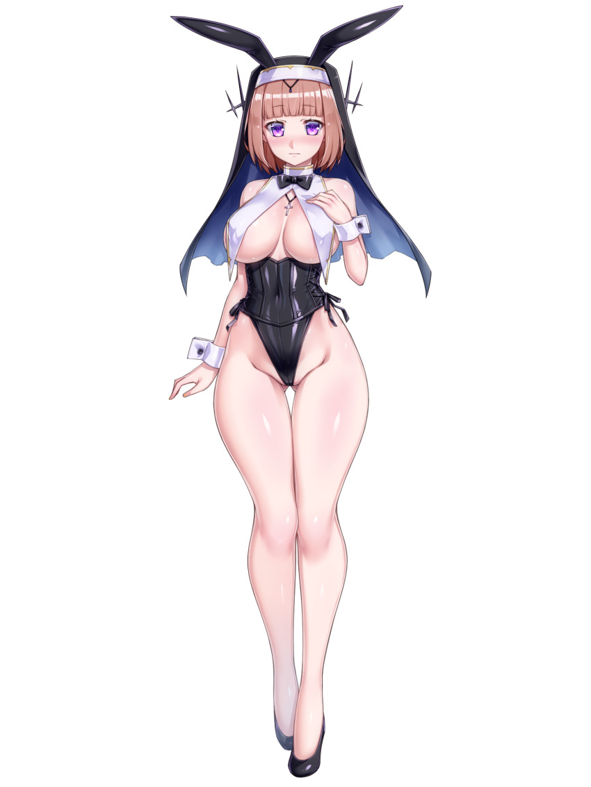 1girl, animal_ears, black_bow, black_bowtie, black_footwear, blunt_bangs, bow, bowtie, breasts, brown_hair, chain_paradox, cocytus_(wind_master), covered_navel, fake_animal_ears, full_body, highres, himezuki_rika, jewelry, large_breasts, looking_at_viewer, necklace, purple_eyes, standing, transparent_background, wrist_cuffs