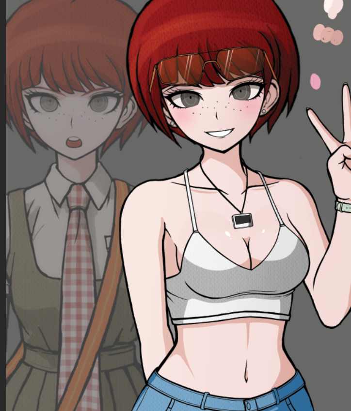 1girl, :o, a_beautiful_man_(middinos), arm_behind_back, bare_arms, bare_shoulders, blue_pants, blush