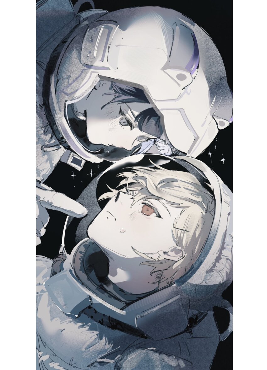 18trip, 2boys, astronaut, black_hair, blonde_hair, border, closed_mouth, crying