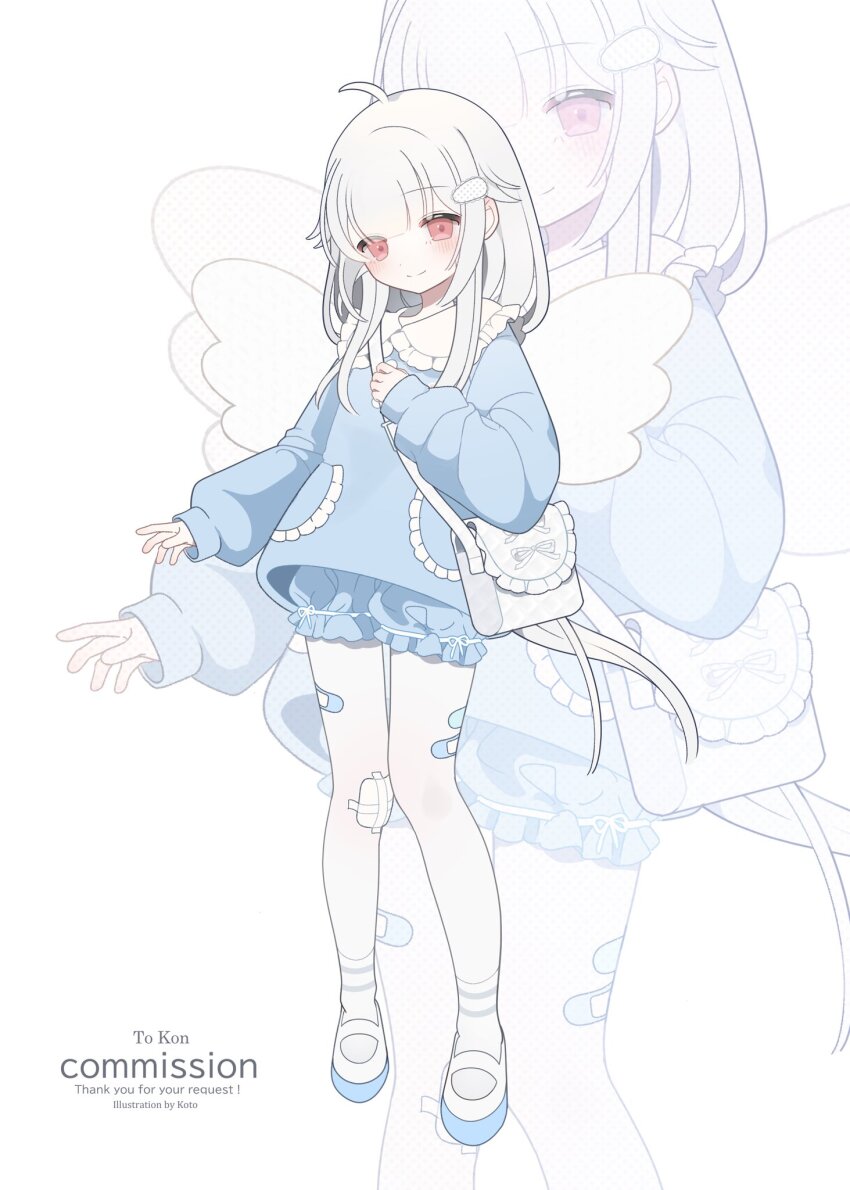 1girl, ahoge, ankle_socks, arm_at_side, bag, bandaid, bandaid_on_leg, bloomers