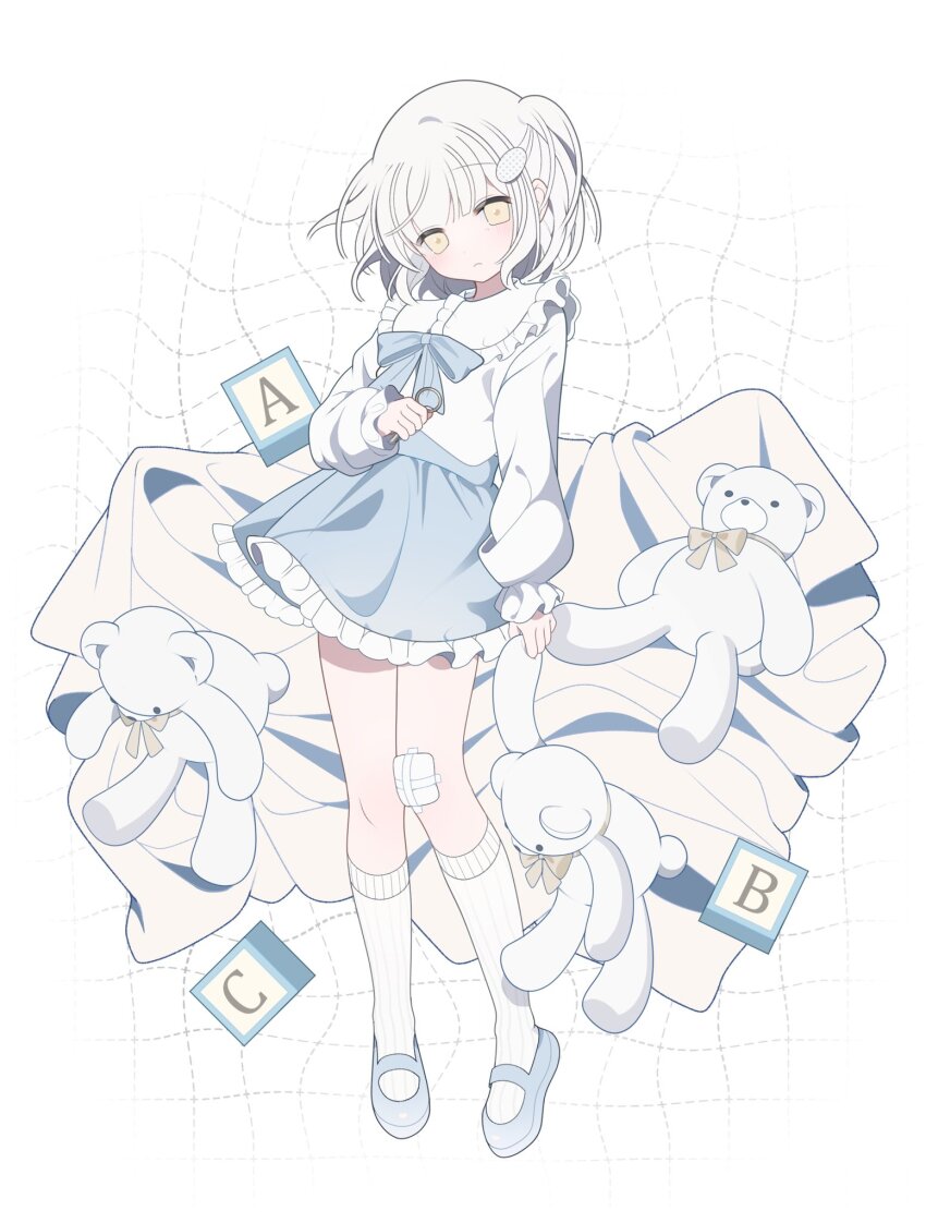 1girl, :<, arm_at_side, blue_bow, blue_bowtie, blue_shoes, blue_skirt, blunt_bangs