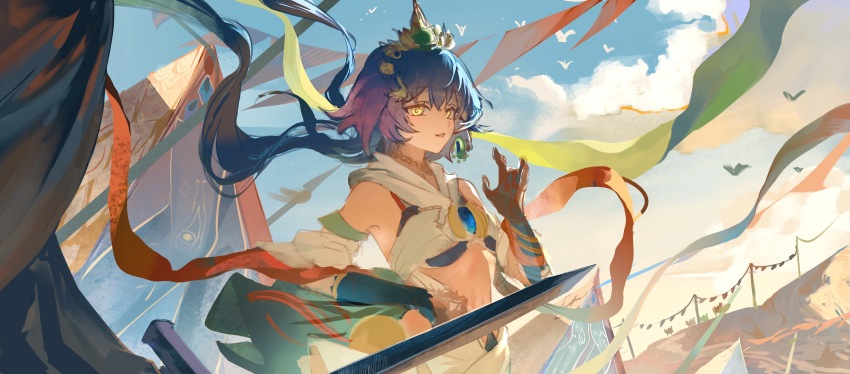 1girl, absurdres, arm_up, bare_shoulders, bird, blue_sky, bra, chinese_clothes