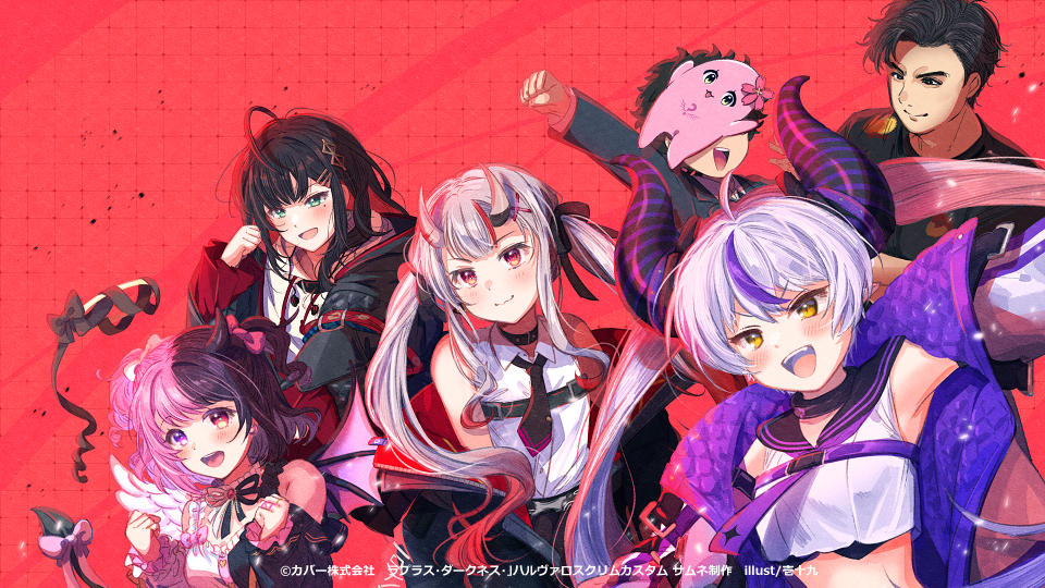 2boys, 4girls, :d, amaki_pururu, bare_shoulders, black_bow, black_camisole, black_hair, black_jacket, black_necktie, black_ribbon, black_sailor_collar, black_shirt, bow, breasts, camisole, clenched_hand, clenched_hands, closed_mouth, collared_shirt, commentary_request, crop_top, crossover, demon_girl, demon_horns, demon_tail, detonator_(esports), grey_hair, grid_background, hair_bow, halo, hands_up, hizuki_yui, hololive, horns, ittokyu, jacket, la+_darknesss, medium_breasts, multicolored_hair, multiple_boys, multiple_girls, nakiri_ayame, necktie, neo-porte, off_shoulder, official_art, open_clothes, open_jacket, open_mouth, outstretched_arm, pink_bow, pink_hair, purple_necktie, red_background, red_eyes, red_hair, reject_(esports), ribbon, riddle_order, sailor_collar, shirt, simple_background, sleeveless, sleeveless_shirt, smile, sqla, streaked_hair, surugamonkey_(streamer), tail, tail_bow, tail_ornament, thick_eyebrows, twintails, two-tone_hair, v-shaped_eyebrows, virtual_youtuber, white_camisole, white_shirt