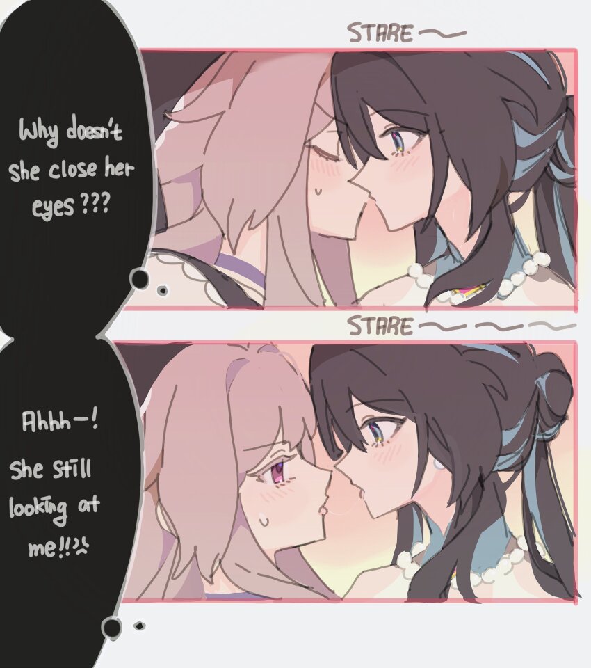 2girls, absurdres, after_kiss, blue_eyes, blue_hair, blush, brown_hair, closed_eyes, commentary, conwoll511, english_commentary, english_text, eye_contact, from_side, herta_(honkai:_star_rail), herta_(puppet)_(honkai:_star_rail), highres, honkai:_star_rail, honkai_(series), jewelry, kiss, looking_at_another, multicolored_hair, multiple_girls, necklace, open_mouth, pearl_necklace, pink_eyes, pink_hair, profile, ruan_mei_(honkai:_star_rail), saliva, saliva_trail, speech_bubble, streaked_hair, thought_bubble, tongue, tongue_out, yuri