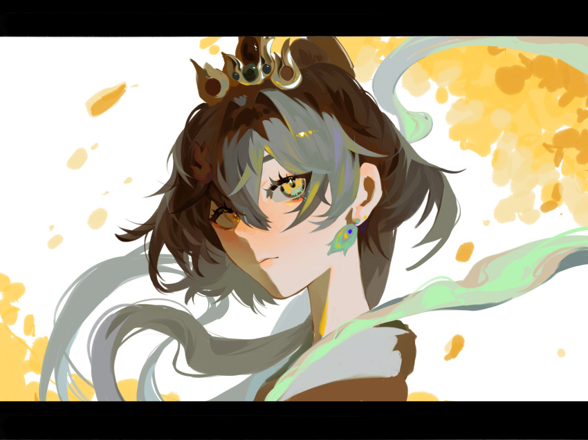 absurdres, autumn, autumn_leaves, chinese_clothes, close-up, closed_mouth, earrings, falling_leaves, fox4477668, hair_between_eyes, hair_flowing_over, head_tilt, headpiece, highres, honkai:_star_rail, honkai_(series), jewelry, leaf, long_hair, looking_at_viewer, looking_to_the_side, outdoors, standing, white_background, yellow_eyes, yunli_(honkai:_star_rail)