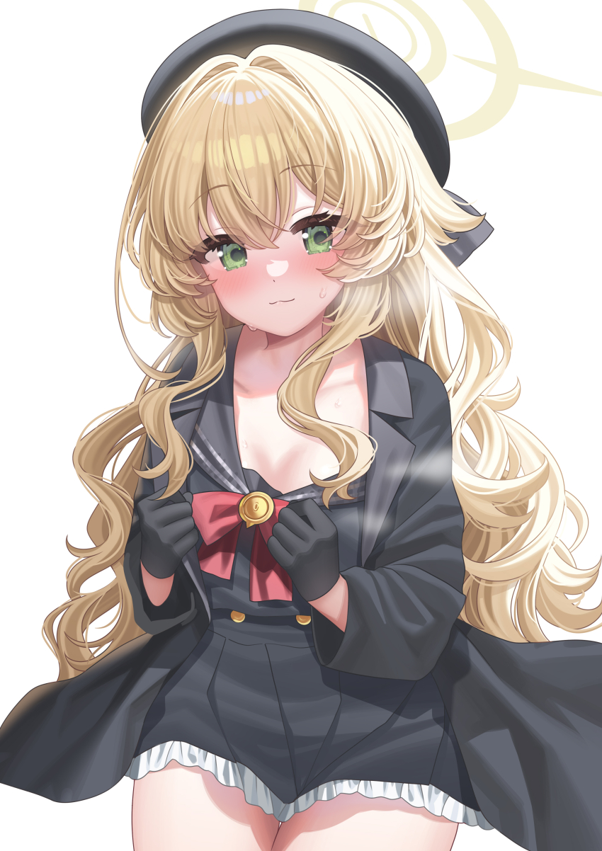 1girl, :3, absurdres, beret, black_coat, black_gloves, black_hat, black_sailor_collar