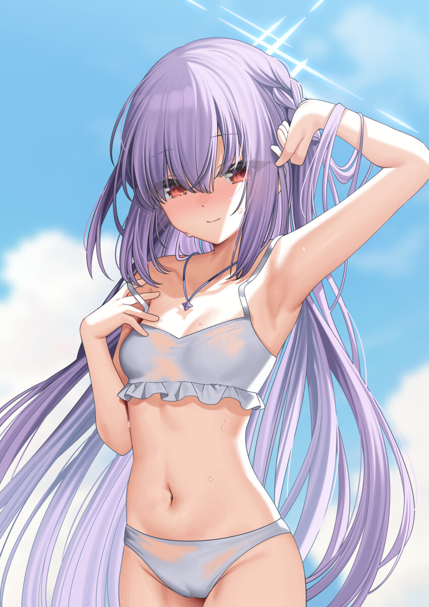 1girl, absurdres, arm_up, armpits, atsuko_(blue_archive), atsuko_(swimsuit)_(blue_archive), bikini, blue_archive, blue_sky, blush, braid, breasts, cleavage, closed_mouth, cloud, cloudy_sky, commentary_request, day, halo, hayamasalt, highres, jewelry, looking_at_viewer, navel, necklace, official_alternate_costume, purple_hair, red_eyes, sky, small_breasts, smile, solo, stomach, swimsuit, upper_body, white_bikini
