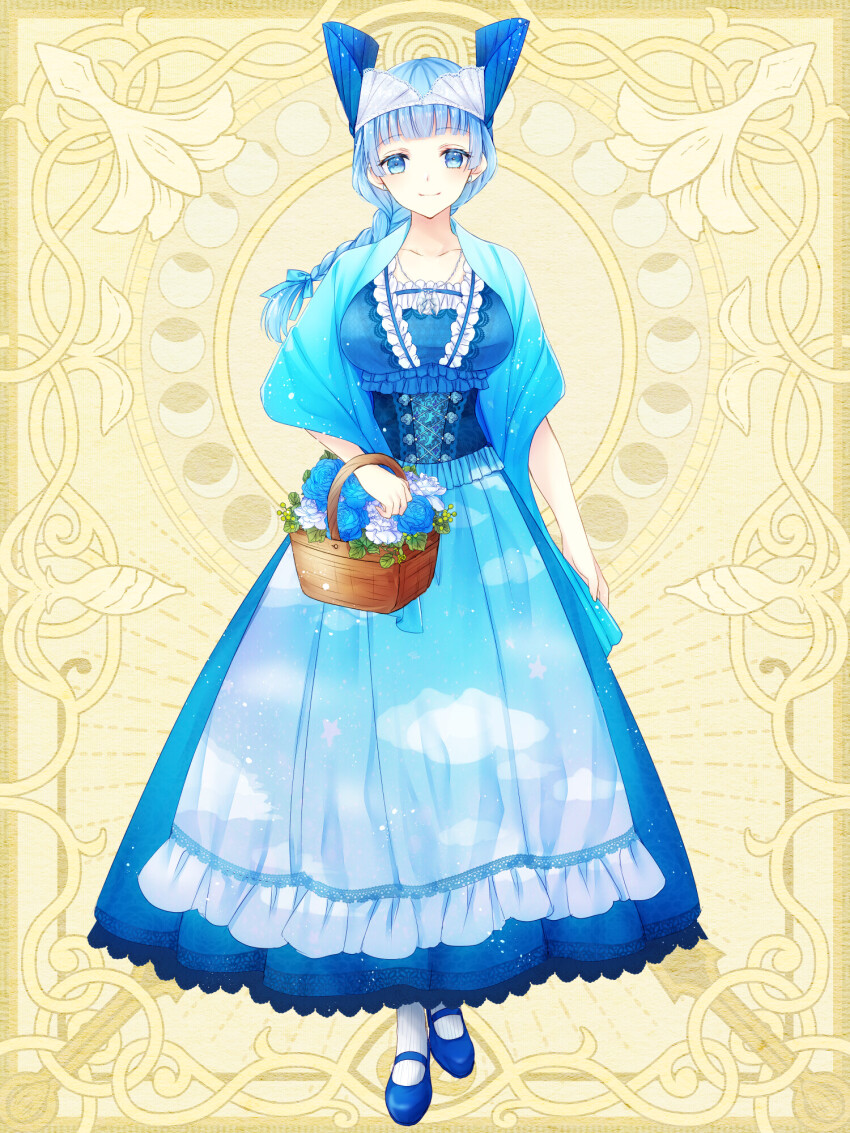 1girl, basket, blue_dress, blue_eyes, blue_flower, blue_hair, blue_shoes, braid