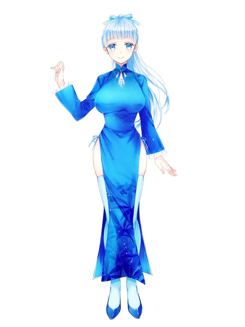 1girl, blue_eyes, blue_hair, blue_ribbon, breasts, chain_paradox, fina_yggdrasil, full_body