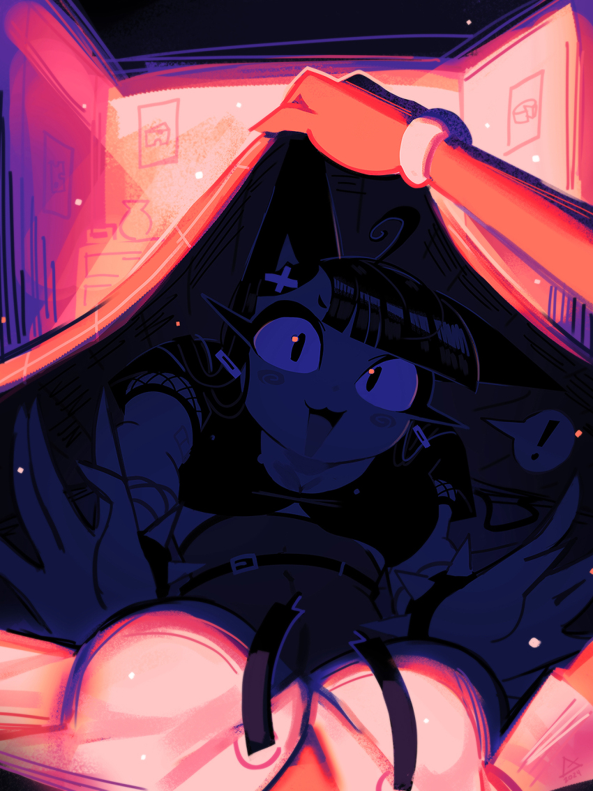 !, 2girls, :3, :d, \||/, ahoge, andaerz, animal_ears, asymmetrical_bangs, bandaid, bandaid_on_arm, bedroom, belt, black_belt, black_hair, black_shirt, blunt_bangs, blush, blush_stickers, bracelet, breasts, cat_ears, cat_girl, cat_girl_(andaerz), chest_of_drawers, cleavage, commentary, constricted_pupils, crop_top, cropped_hoodie, dark, dark-skinned_female, dark_skin, drawstring, english_commentary, eyelashes, fishnet_sleeves, fishnets, hair_ornament, hairclip, highres, hood, hoodie, jewelry, light_particles, long_hair, lying, lying_on_person, medium_breasts, midriff, mouse_girl_(andaerz), multiple_girls, on_back, on_stomach, open_mouth, original, pajamas, pink_pajamas, portrait_(object), pov, pov_breasts, reaching, reaching_towards_viewer, red_theme, shirt, short_sleeves, single_floppy_ear, smile, spiked_bracelet, spikes, spoken_exclamation_mark, surprised, under_covers, vase, waking_another, wide-eyed, x_hair_ornament, yuri, ||/