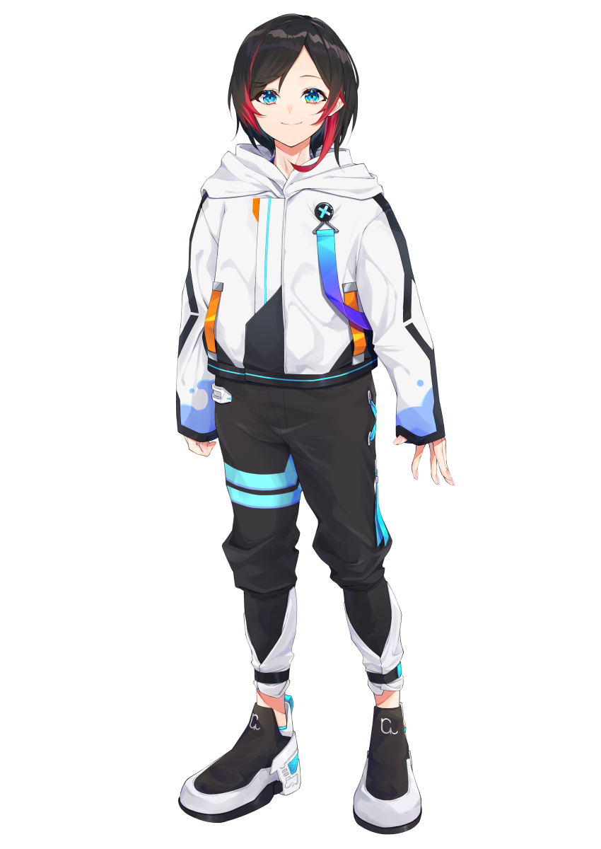 1boy, absurdres, ankle_strap, aqua_eyes, arms_at_sides, asymmetrical_hair, bishounen, black_hair