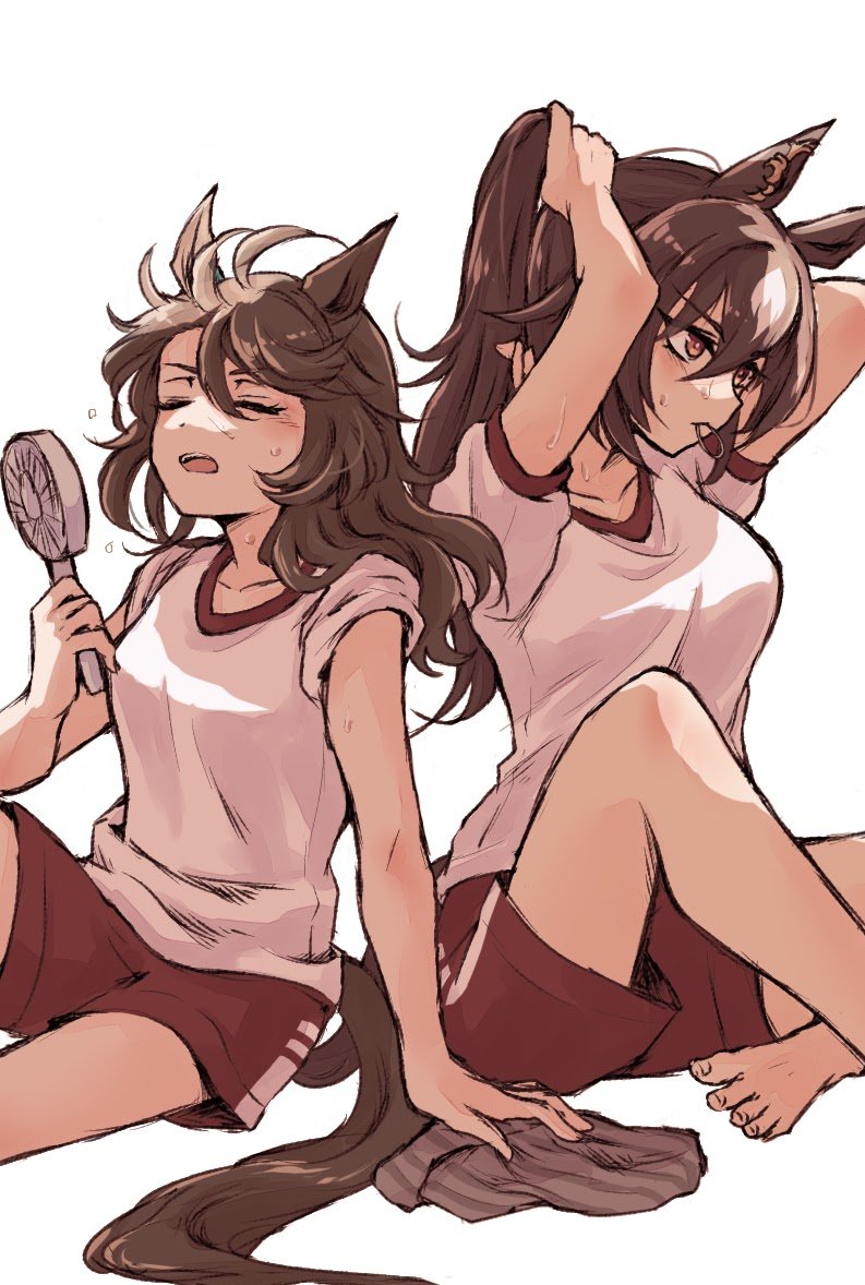 2girls, animal_ears, arms_behind_head, barefoot, beanie, breasts, brown_hair, closed_eyes