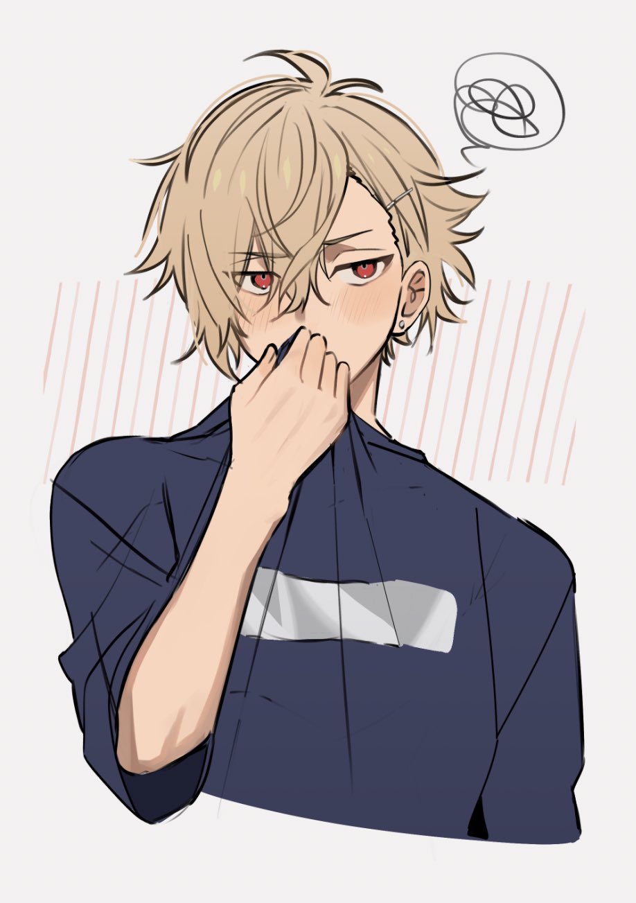 18trip, 1boy, arm_up, blonde_hair, blue_shirt, blush, clothes_pull, covered_mouth