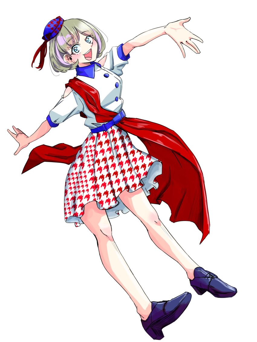 1girl, blue_eyes, blue_hat, blue_shoes, clothing_cutout, commentary_request, full_body, grey_hair