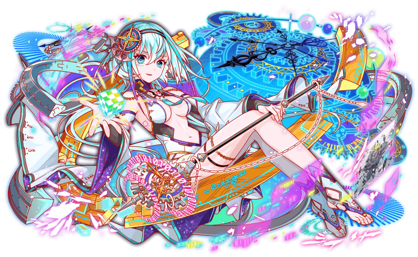 1girl, ankle_opening, aqua_eyes, artist_request, bare_legs, bare_shoulders, bodysuit, breasts, cel_shading, clock, crash_fever, cube, detached_sleeves, einstein_(crash_fever), fingernails, floating, floating_object, footwear_request, full_body, game_cg, gears, hairband, hand_on_own_knee, holding, holding_staff, light_particles, long_hair, long_sleeves, mandarin_collar, medium_breasts, multicolored_hair, multicolored_hairband, navel, number_tattoo, numbered, official_art, outline, red_outline, solo, square, square_tattoo, staff, tachi-e, tattoo, thigh_strap, third-party_source, toenails, toes, transparent_background, two-sided_sleeves, two-tone_hair, two-tone_hairband, white_bodysuit, white_hair, white_sleeves, wide_sleeves