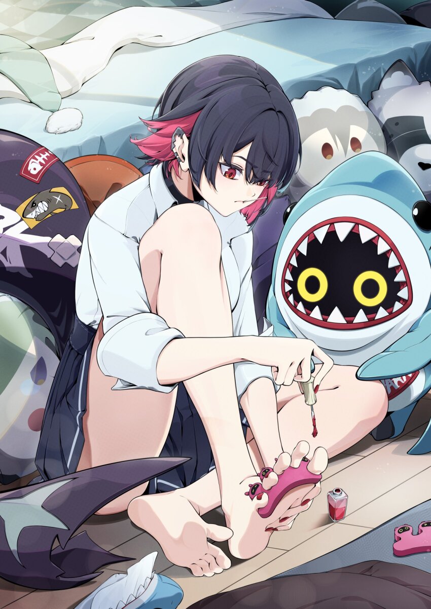 1girl, applying_pedicure, bangboo_(zenless_zone_zero), bed, black_choker, black_hair, black_shirt, choker