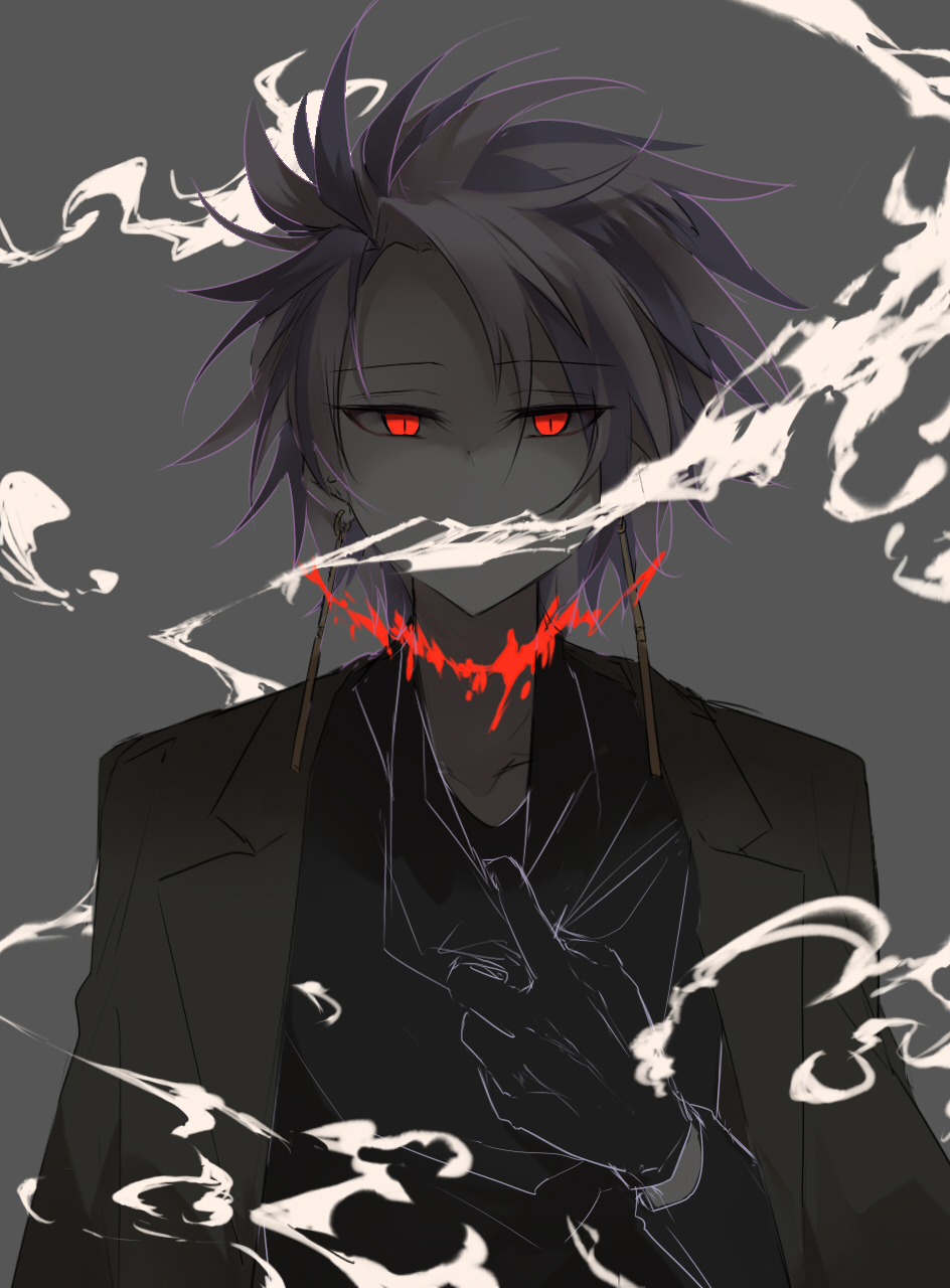 1boy, black_gloves, black_jacket, black_shirt, blood, blood_on_neck, collar_tug, commentary_request