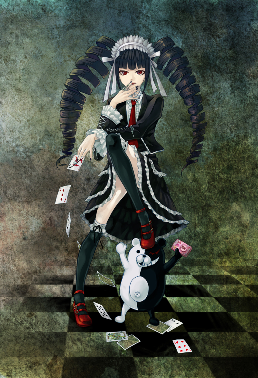 10s, 1girl, black_hair, black_thighhighs, bonnet, camera, card, celestia_ludenberg, checkered_floor, claw_ring, danganronpa:_trigger_happy_havoc, danganronpa_(series), drill_hair, earrings, female_focus, floating_card, floor, goth_fashion, gothic_lolita, highres, holding, holding_card, jewelry, lolita_fashion, monokuma, nail_polish, necktie, person_on_card, playing_card, red_eyes, solo, thighhighs, twilightend, twin_drills, twintails, zettai_ryouiki