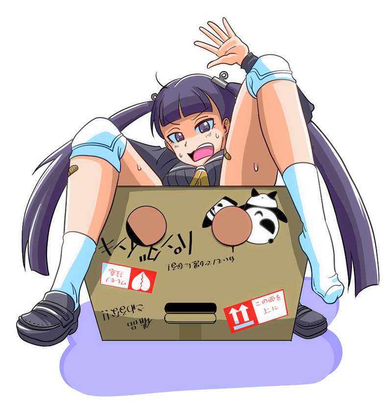 1girl, ace_attorney, bandaid, bandaid_on_leg, black_shoes, blush, box, bulldog_clip, commentary_request, hair_ornament, in_box, in_container, knee_pads, misutake_sakusesu_seikou, myriam_scuttlebutt, open_mouth, phoenix_wright:_ace_attorney_-_dual_destinies, purple_eyes, purple_hair, sailor_collar, school_uniform, shoes, single_shoe, solo, sweat, themis_legal_academy_school_uniform, translation_request, twintails