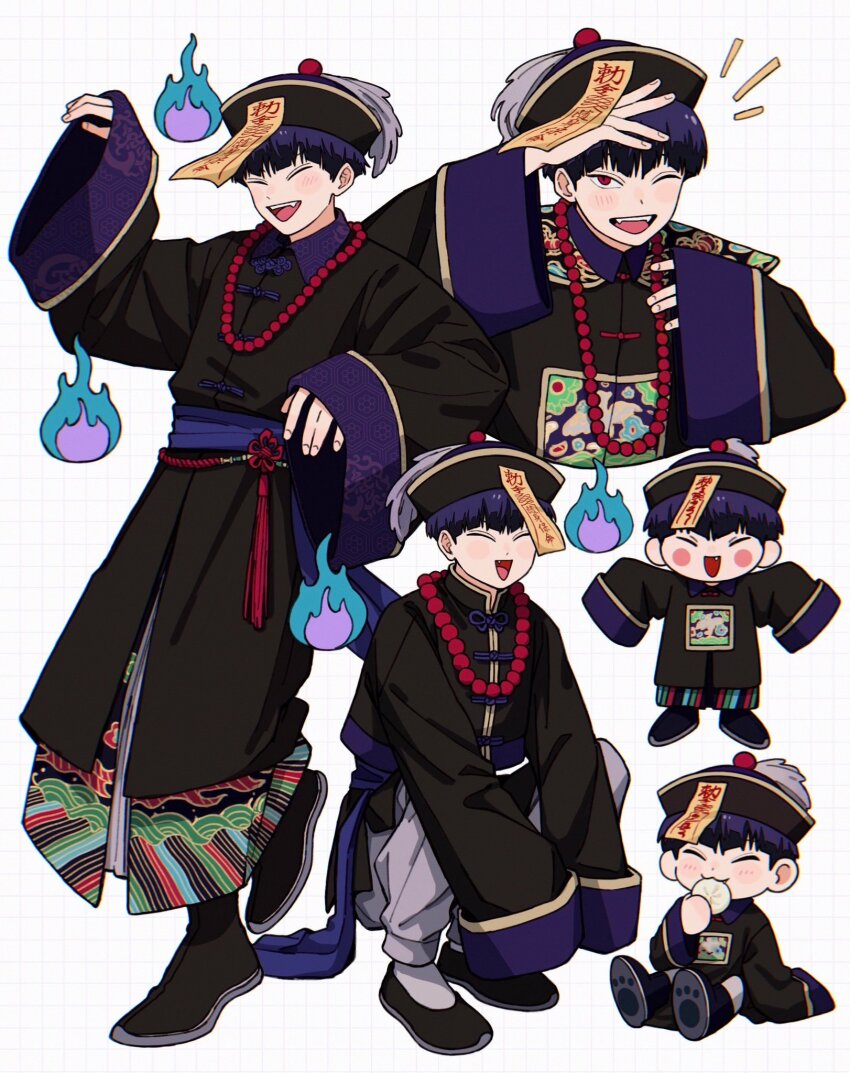 1boy, bead_necklace, beads, black_footwear, black_robe, blue_hair, blush, chibi