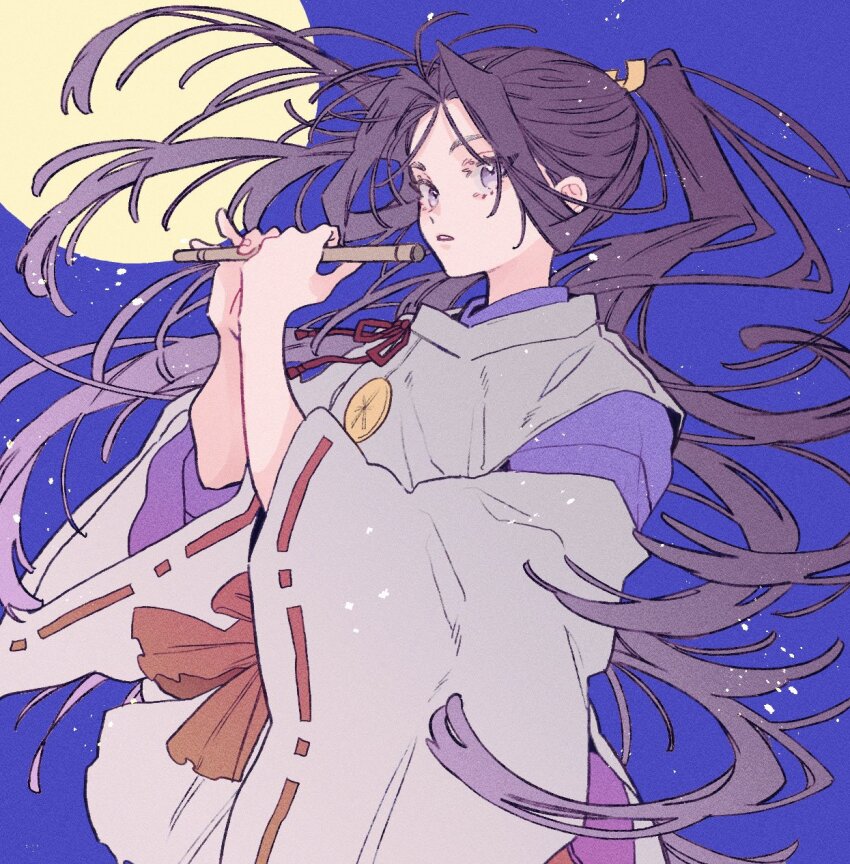 1boy, black_hair, ei_(gibeon), flute, fue_(instrument), full_moon, hakama, highres, holding, holding_flute, holding_instrument, houjou_tokiyuki_(nige_jouzu_no_wakagimi), instrument, japanese_clothes, long_hair, long_sleeves, male_focus, moon, nige_jouzu_no_wakagimi, night, ponytail, purple_eyes, sky, solo, very_long_hair, wide_sleeves