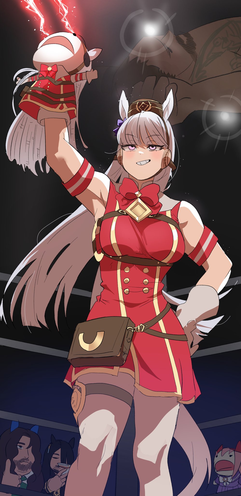 1girl, 3boys, animal_ears, armband, bag, bow, bowtie, boxing_ring