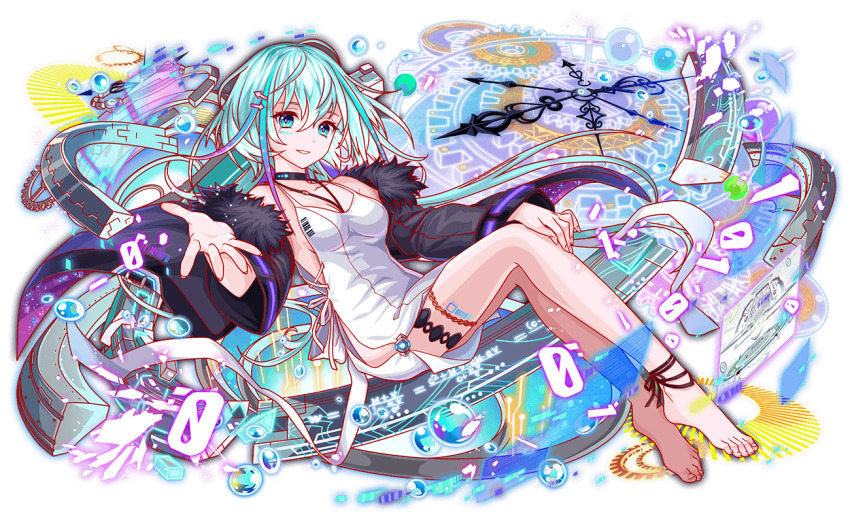 1girl, alternate_costume, anklet, aqua_eyes, aqua_hair, arrow_hair_ornament, arrow_symbol_hair_ornament, artist_request, bare_legs, bare_shoulders, barefoot, black_coat, black_collar, black_fur, black_sleeves, breasts, bubble, cel_shading, closed_mouth, coat, collar, collared_coat, crash_fever, dress, einstein_(crash_fever), facial_mark, fingernails, full_body, fur-trimmed_coat, fur_collar, fur_trim, game_cg, hair_ornament, hand_on_own_knee, jewelry, leg_tattoo, long_hair, looking_at_viewer, medium_breasts, multicolored_hair, no_shoes, no_socks, official_alternate_costume, official_art, outline, outstretched_hand, red_outline, screen, side-tie_dress, sleeve_cuffs, smile, solo, square, square_tattoo, tachi-e, tattoo, teeth, third-party_source, toenails, toes, transparent_background, two-tone_hair, very_long_hair, white_dress, white_hair