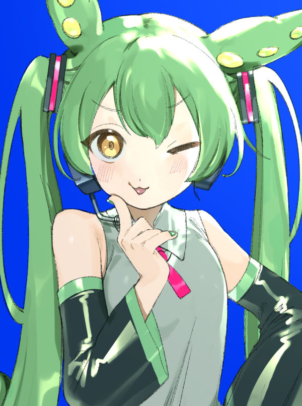 1girl, :3, :p, adapted_costume, alternate_hairstyle, bare_shoulders, black_sleeves, blue_background